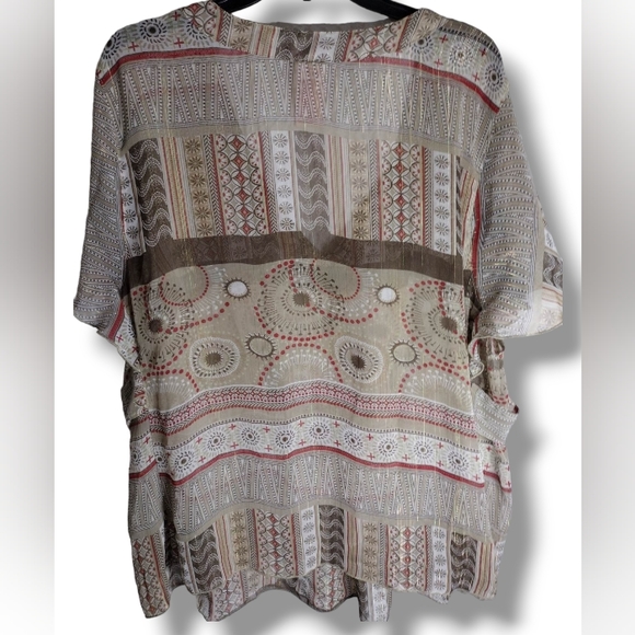 FADED GLORY | Sheer Tan,Red,Brown Butterfly Sleeve Kaftan Blouse | 22W/24W - Picture 3 of 6